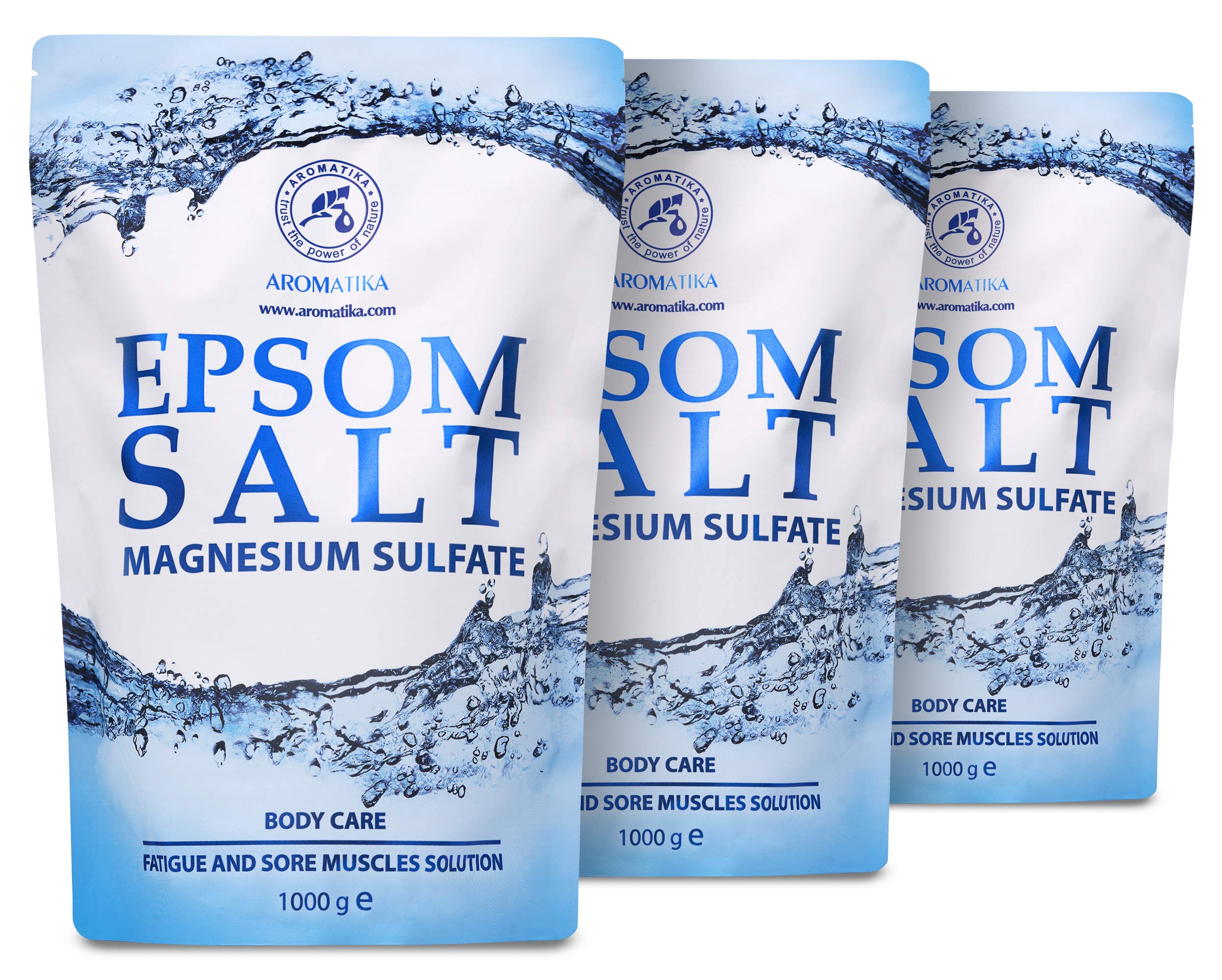 AROMATIKA Epsom Bath Salt Set of 3 (3 x 1kg) – 100% Pure Magnesium Sulphate Crystals – Mineral Bath Soak for Body Care & Relaxation – Natural Home Spa Bath Salts for Muscle Relaxation & Daily Use