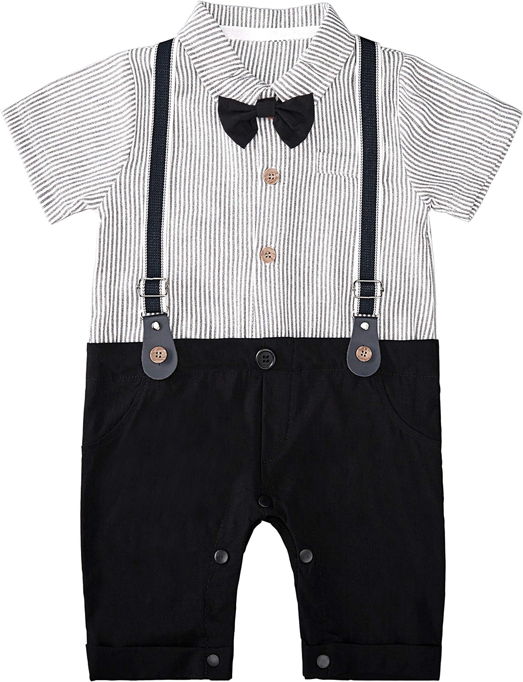 Baby Boy Gentleman Black Stripe Shirt Bowtie Tuxedo Onesie Jumpsuit Overall Romper