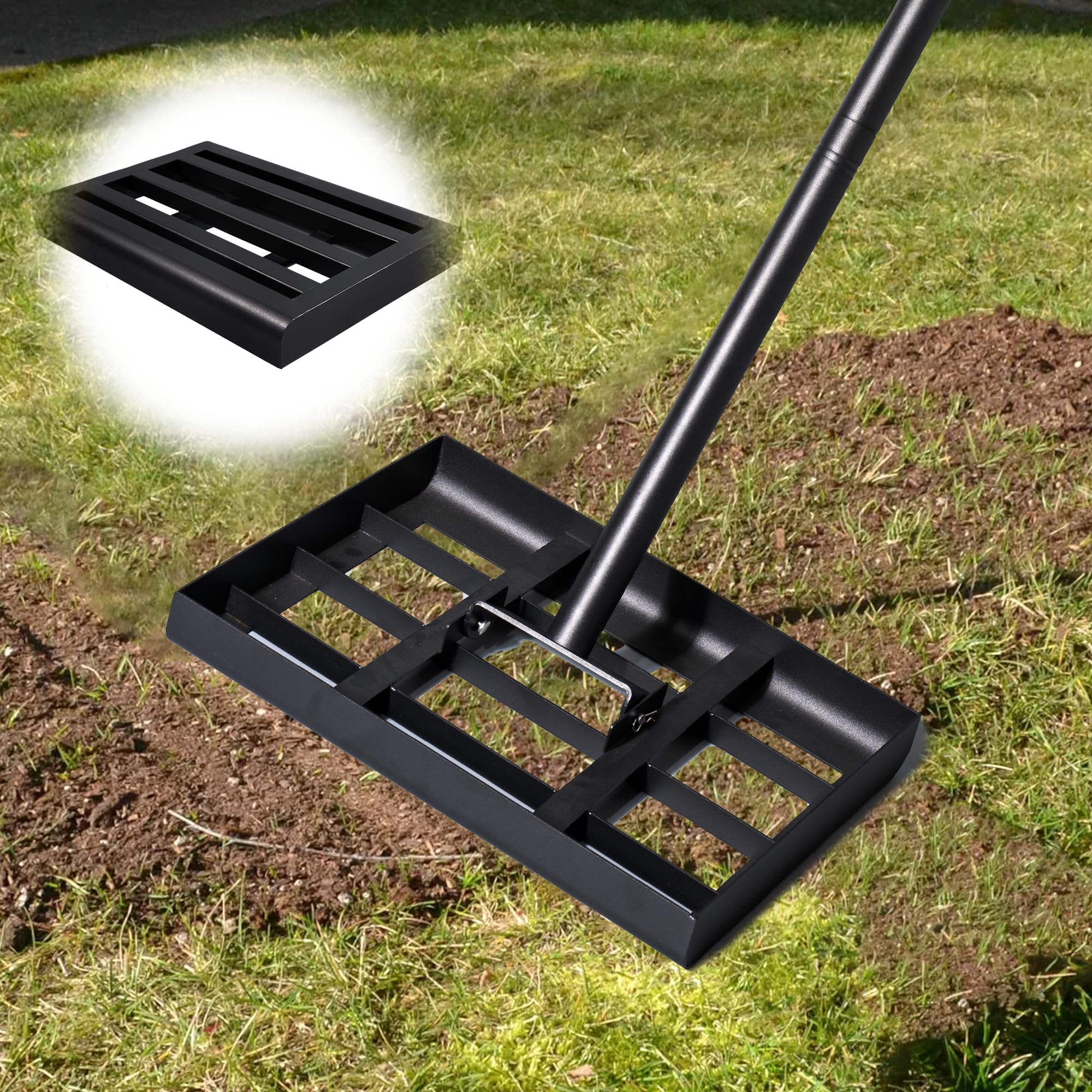 Photo 1 of Luvenia Lawn Leveling Rake 14"x10", Heavy Duty Stainless Steel Lawn Leveler, 75" Adjustable Rubber Long Handle, Yard Leveling Landscape Rake for Soil ,Backyard, Garden, Golf Course, Farm