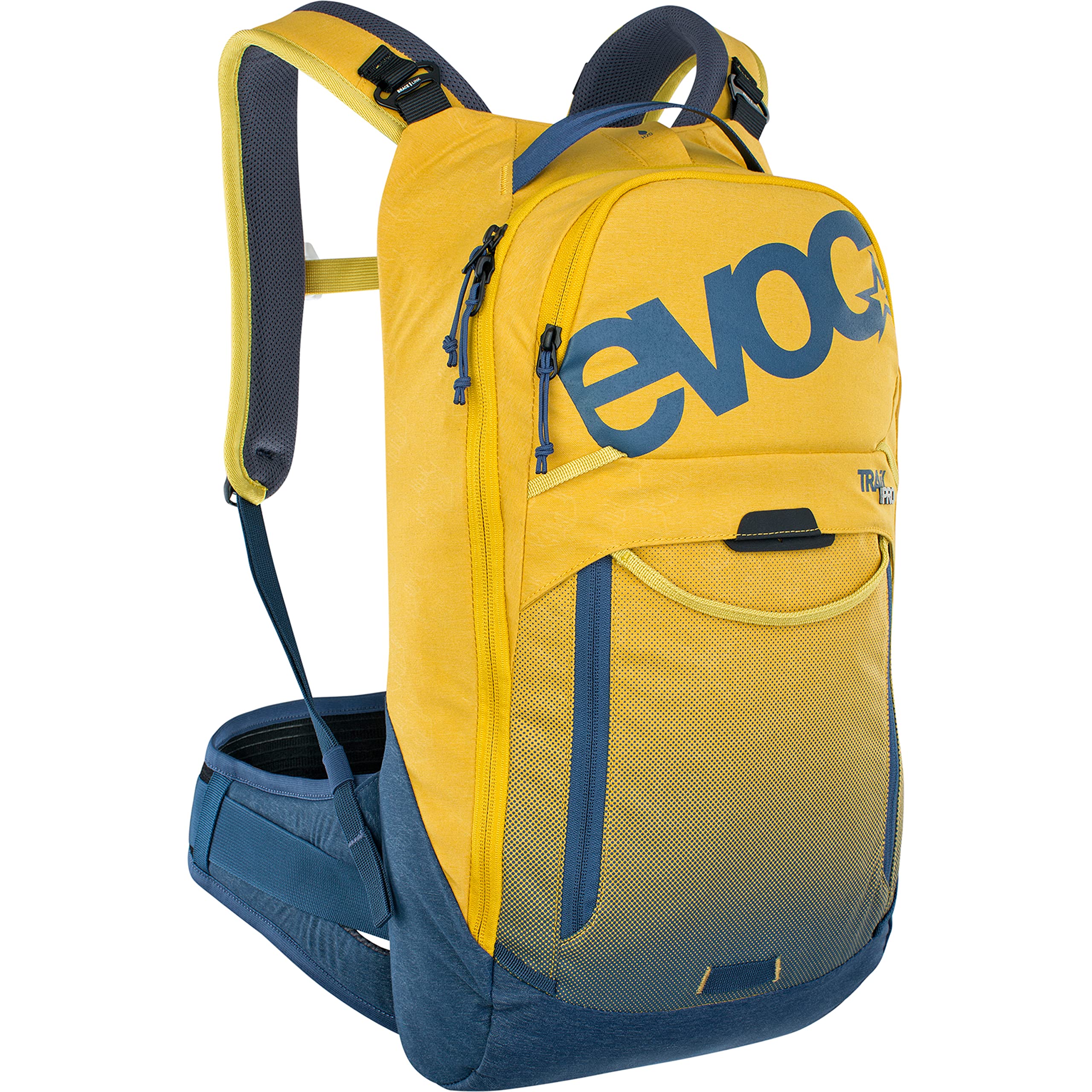 EVOC TRAIL PRO 10l protector backpack for day tours & trail riding (LITESHIELD PLUS back protector, extremely lightweight, wide hip fins, 3l hydration bladder compartment, Size: S/M), Curry/Denim