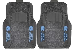 FANMATS 13814 North Carolina Tar Heels 2-Piece Deluxe Car Mat Set, Vinyl Trim and Colored Team Logo, Dual Rib Charcoal Carpet, Trimmable Edges