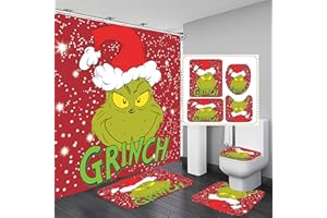 CYICGGY Christmas Shower Curtain Sets for Bathroom, 4Pcs Xmas Shower Curtain/Non-Slip Bathroom Rugs/Lid Toilet Cover/Bath Mat, Merry Christmas Funny Santa Claus Elk Snowman Carpet Decor(Christmas - 003)