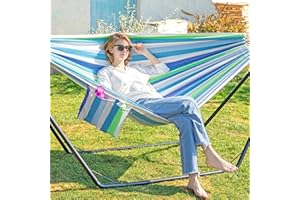 GAFETE Double Hammock with Stand for Outside, Stable V-Shape Space Saving Steel Stand 2 Person, Comfortable Pillow & Convenient Side Pocket, Indoor & Outdoor, Max 450 lbs Capacity (Sky)