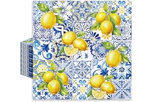JarThenaAMCS 80Pcs Tiles Lemons Paper Napkins Blue Yellow Disposable Napkins Decorative Dinner Napkins Luncheon Napkins for P