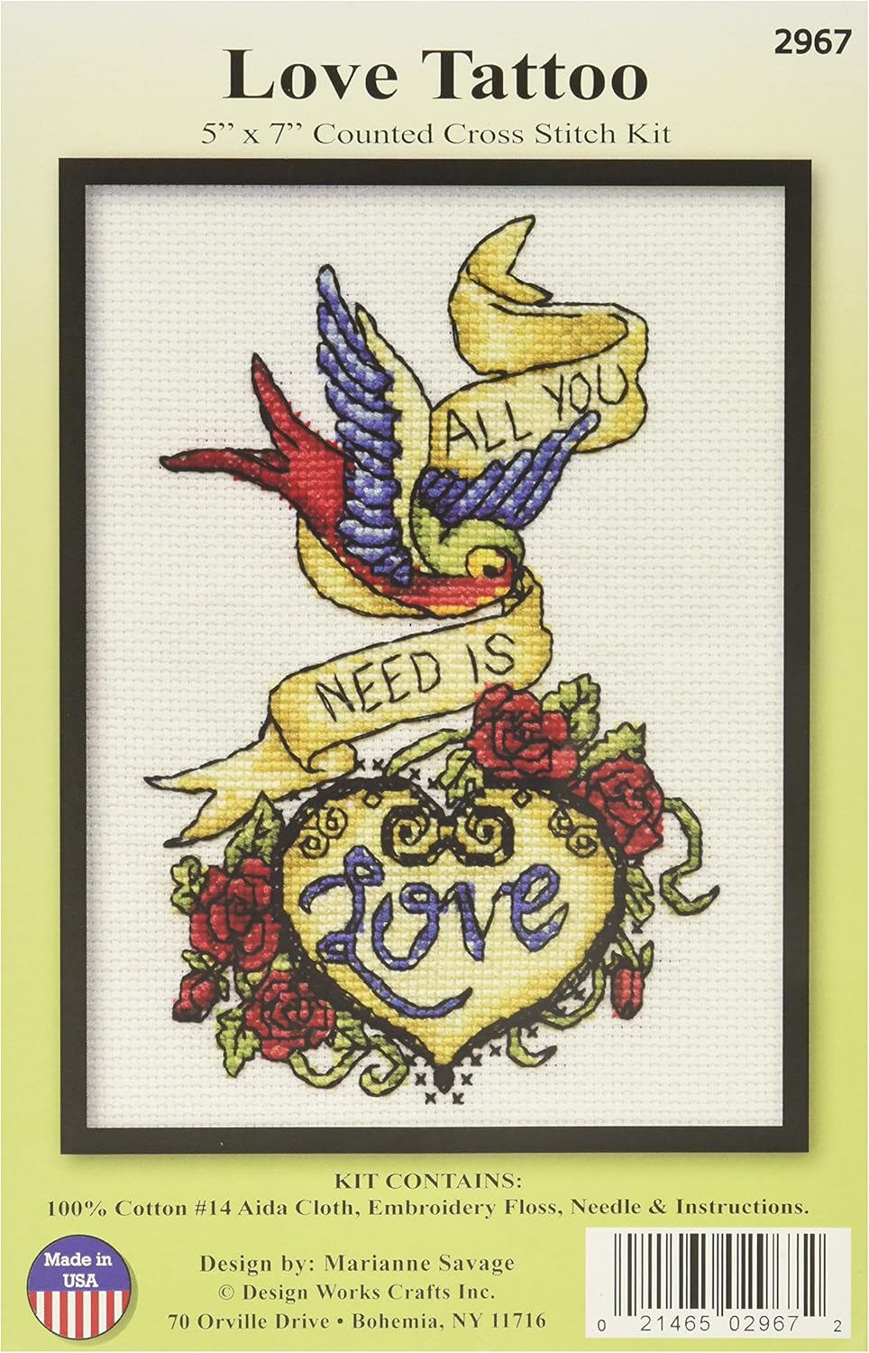 Design Works Love Tattoo Cross Stitch Kit, Cotton, MultiColour, 13 x