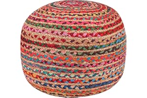 RIANGI Briaded Round Ottoman Pouf - Boho Pouf Ottoman Foot Rest - Poofs/Ottomans Furniture Decor - Poofy Ottoman for Bedroom - Poufs for Living Room Jute and Cotton - (18"x18"x14")