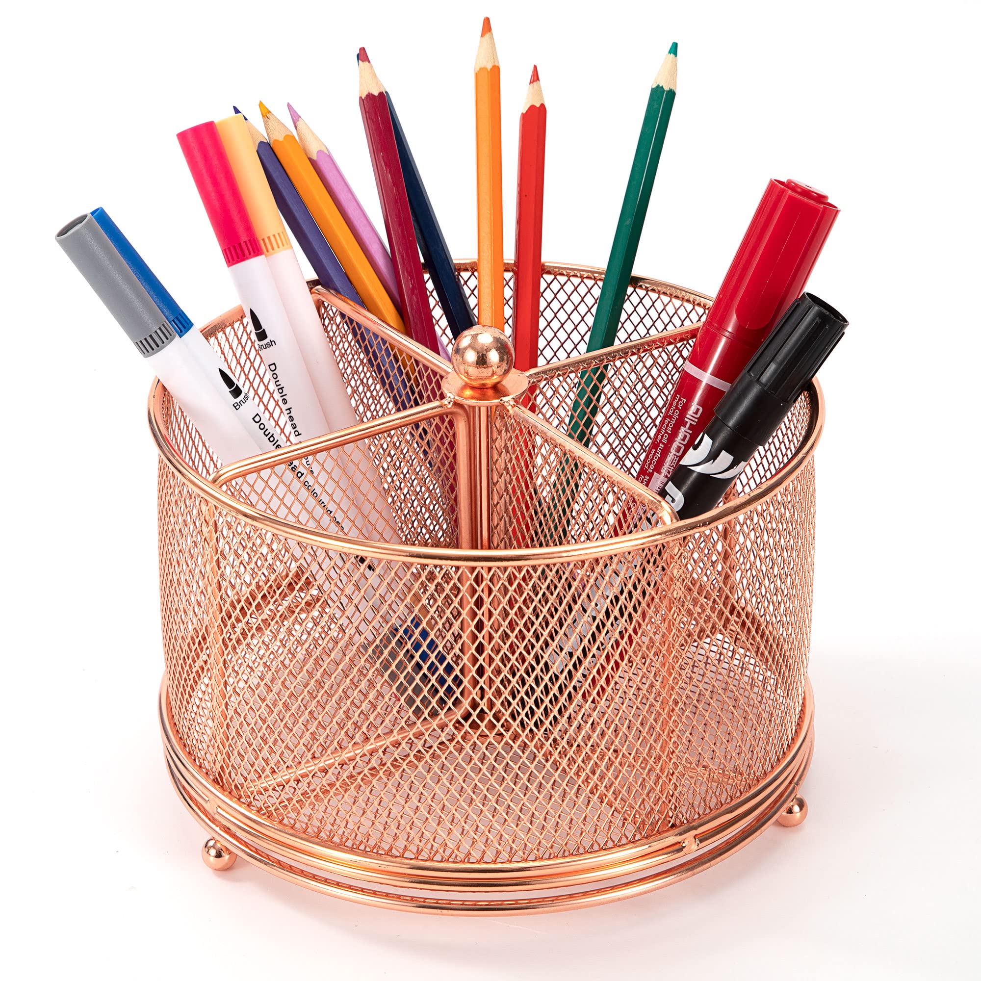 Johotone Rotating Pencil Holder Multifunctional Mesh Desk Organizer 360 Degree Rotating 4 Grid Desktop Stationary Organizer for Home Office Art Supply Rose Gold
