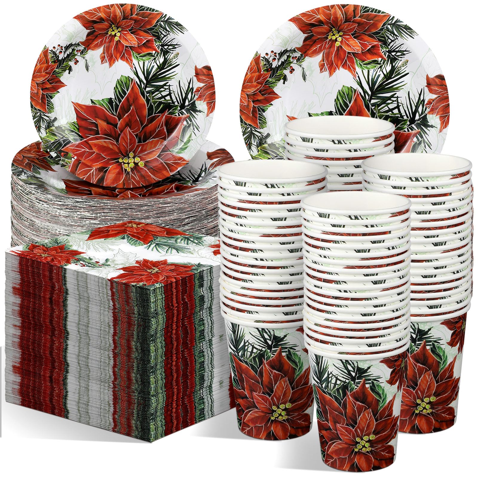 Photo 1 of Jinei 250 Pcs Christmas Disposable Dinnerware Set for 50 Guests Christmas Paper Plates and Napkins Disposable Cups Xmas Dinnerware Party Supplies for Dinner Winter Party Decoration(Flower)