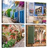 OKEXCKK Tuscan Wall Art Decor, Italy Window View Paintings Nature Landscape Pictures Mediterranean Street Canvas Prints for B