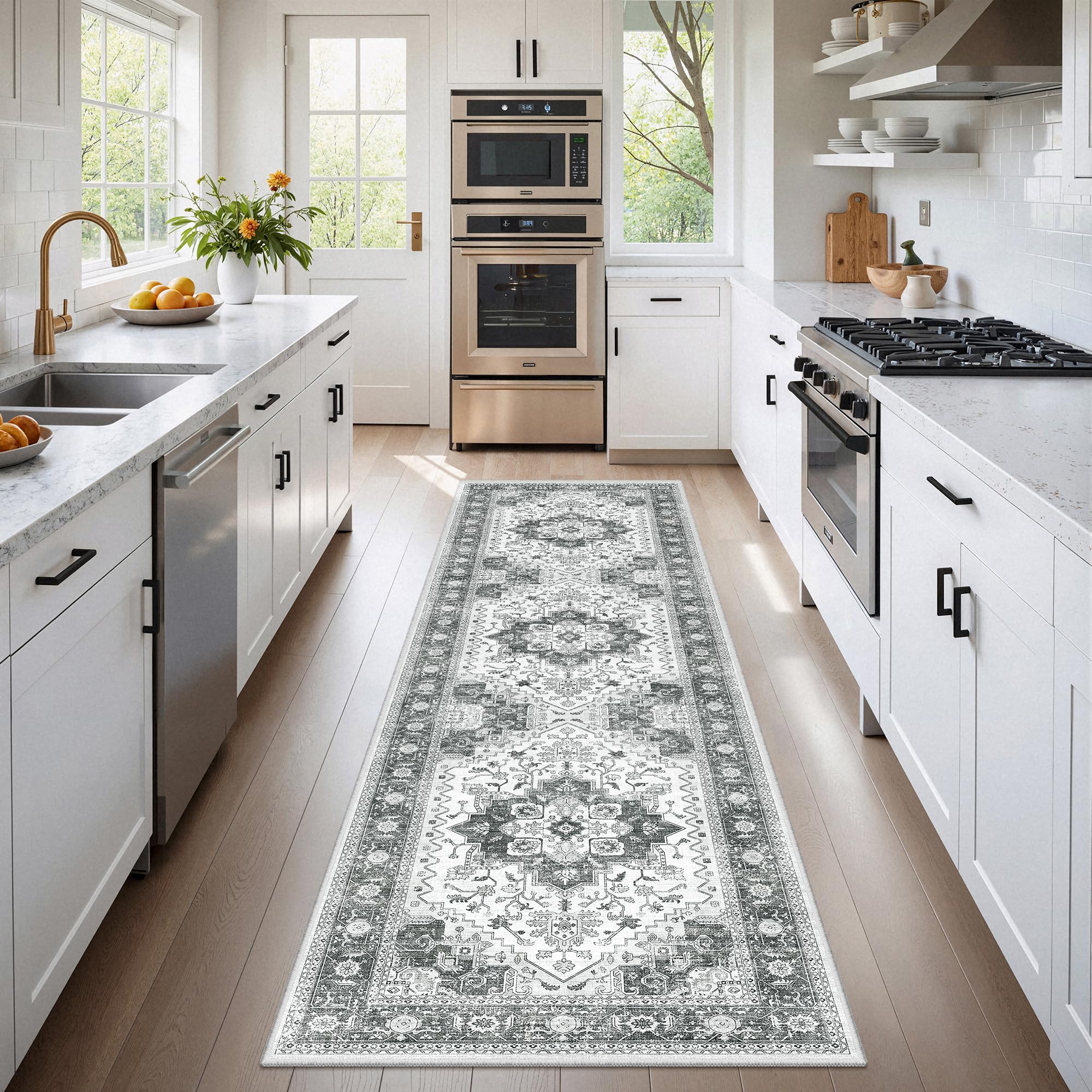Runner Rug 2'x8' Washable Vintage Area Rugs for Hallway Non Slip Laundry Rug Runner Boho Floor Carpet Runners for Entryway Laundry Room Kitchen Bathroom (2'x8',Grey) Image