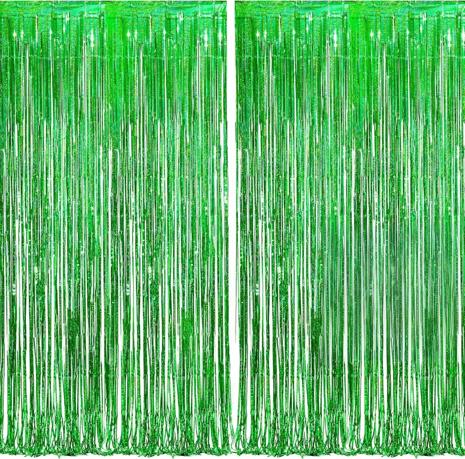 BRAVESHINE Green Tinsel Foil Fringe Curtain Party Backdrop - 2PCS 3.2x8.2ft Sparkle Tinsel Metallic Curtains for Birthday Dinosaur Hawaiian Jungle Football Graduation St Patricks Day Party Decorations