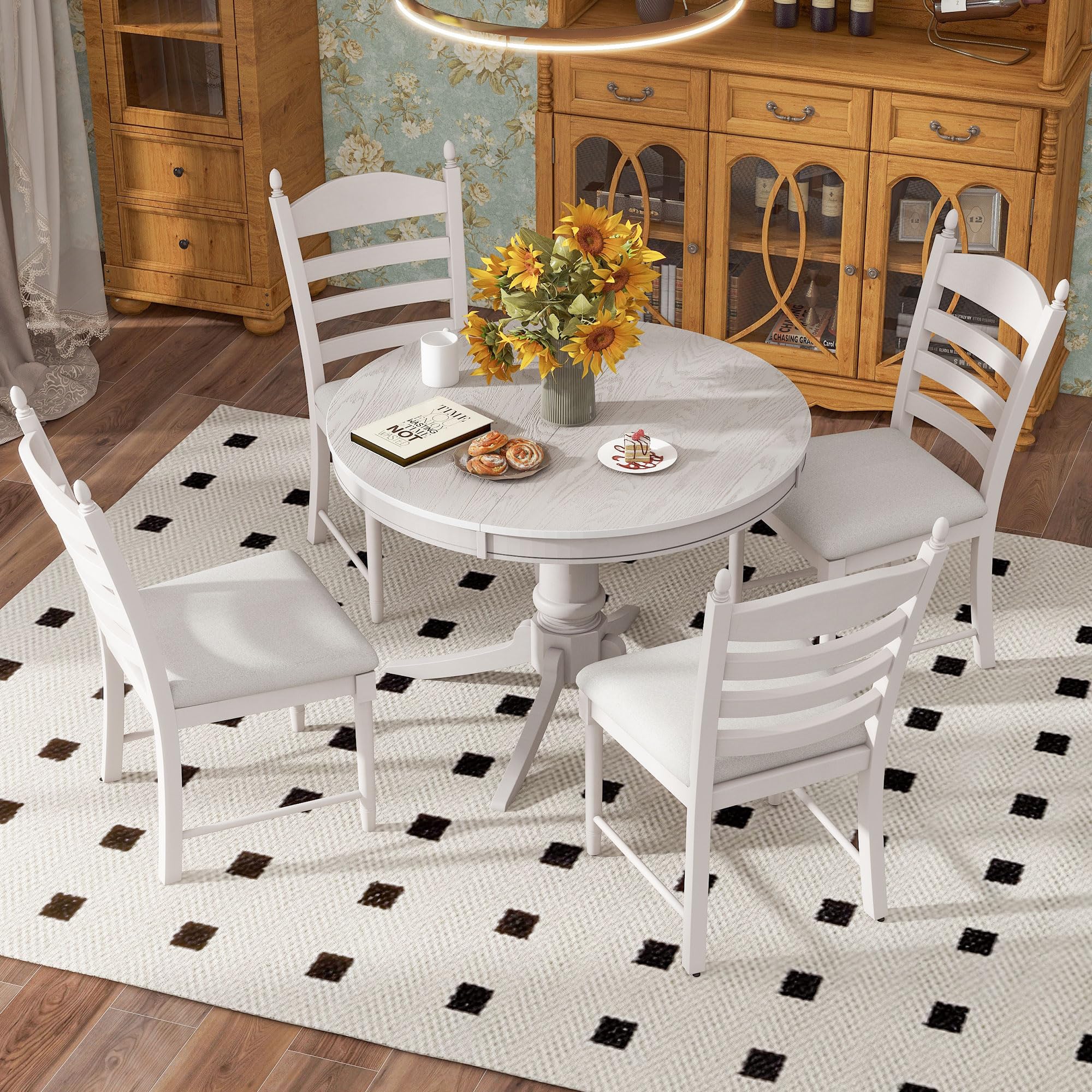 View 1 of **SELLING AS PARTIAL SET. ONE BOX OF TWO**Dinehome 5-Piece Wooden Round Extendable Dining Table and 4 Upholstered Chairs Set for Kitchen Room Furniture, Retro Style, Antique White
