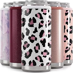 Maars Skinny Can Cooler for Slim Beer & Hard Seltzer | Stainless Steel 12oz Sleeve, Double Wall Vacuum Insulated Drink Holder - White Leopard