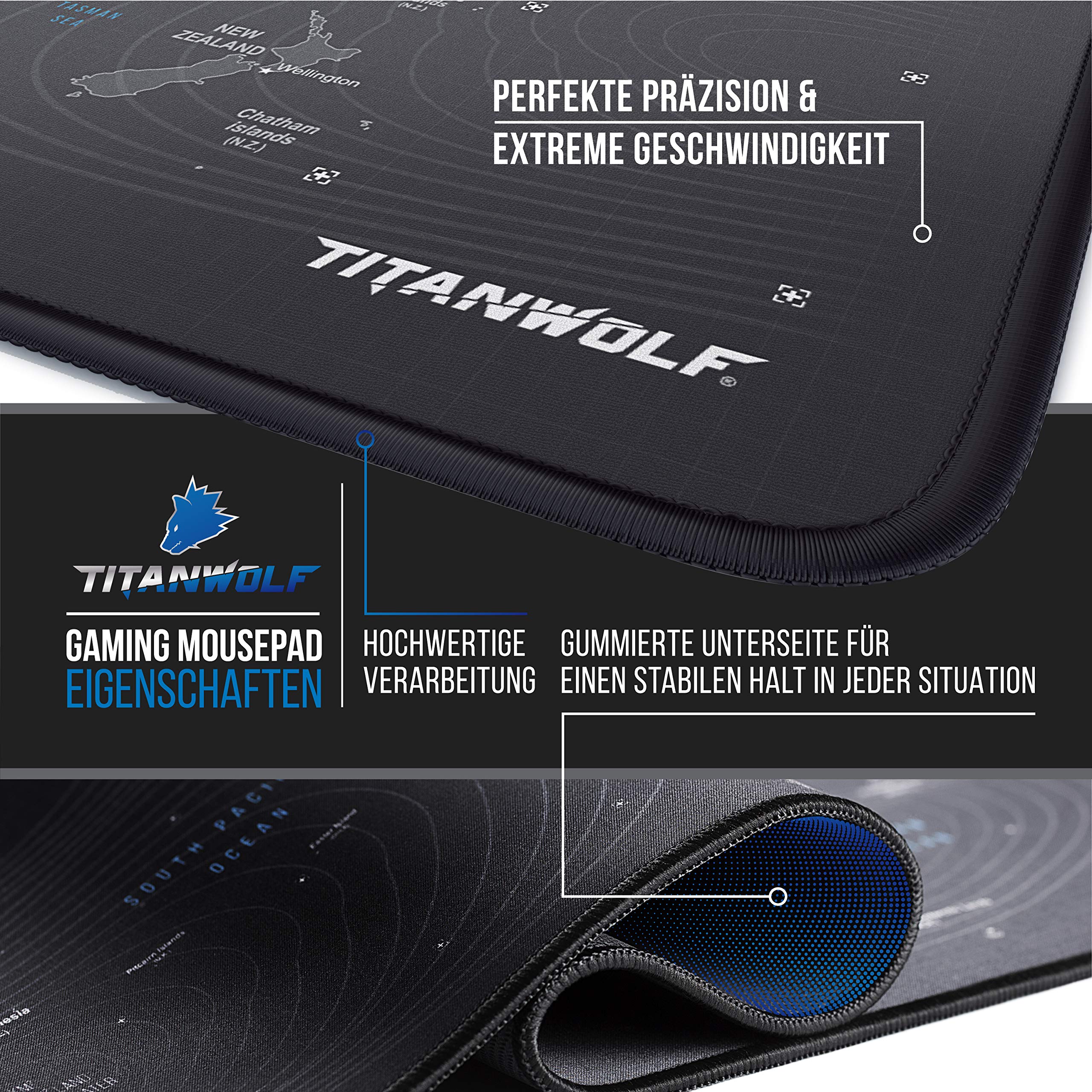 TITANWOLF XXL Speed Gaming Mauspad - 900 x 400mm - XXL Mousepad - Tischunterlage Large Size - verbessert Präzision und Geschwindigkeit - rutschfest - Design Weltkarte Wolfskopf 4