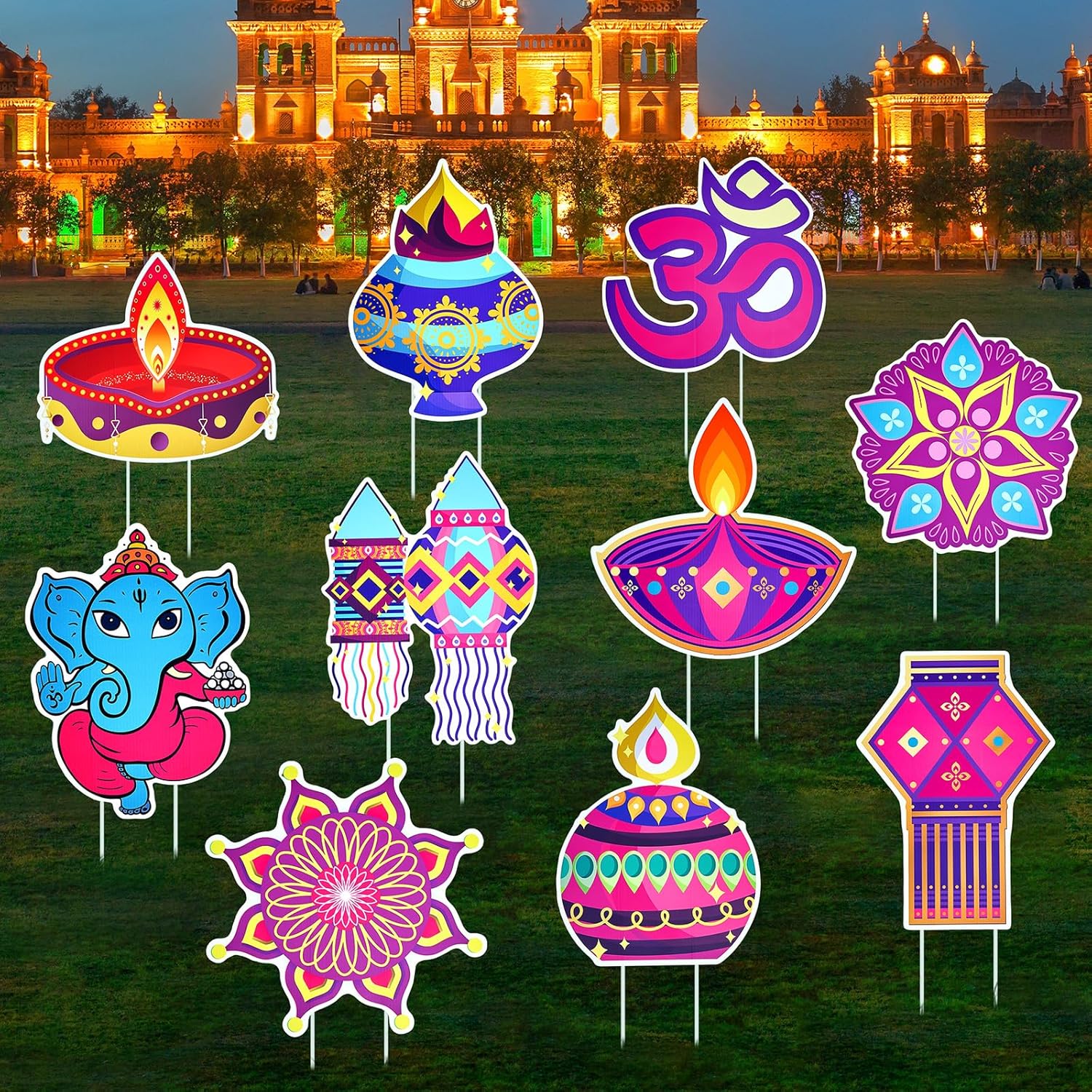 Yard Signs - Taiyin 30 Pcs Happy Diwali Yard Sign 12 Inch Outdoor Waterproof Colorful Yard Lawn Diwali Yard Decorations with 60 Pcs Plastic Fiber Rods for Yard Diwali Party Outdoor Indian Lawn Garden Decorations