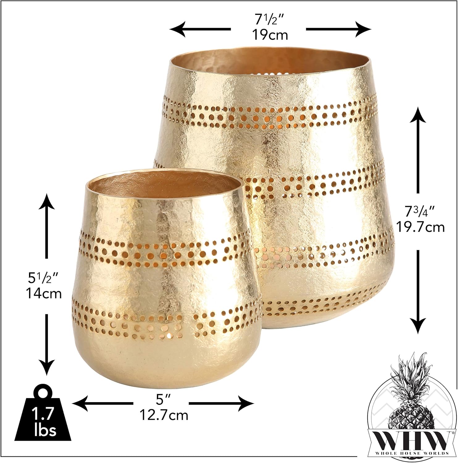 Golden Gilt Metal Votive Candle Holders, Chubby Belly Hurricanes, Set of 2, Textured Surface, 7.5 Diameter x 7.5 Tall, and 5 Diameter x 5 Tall Inches: Kitchen & Dining