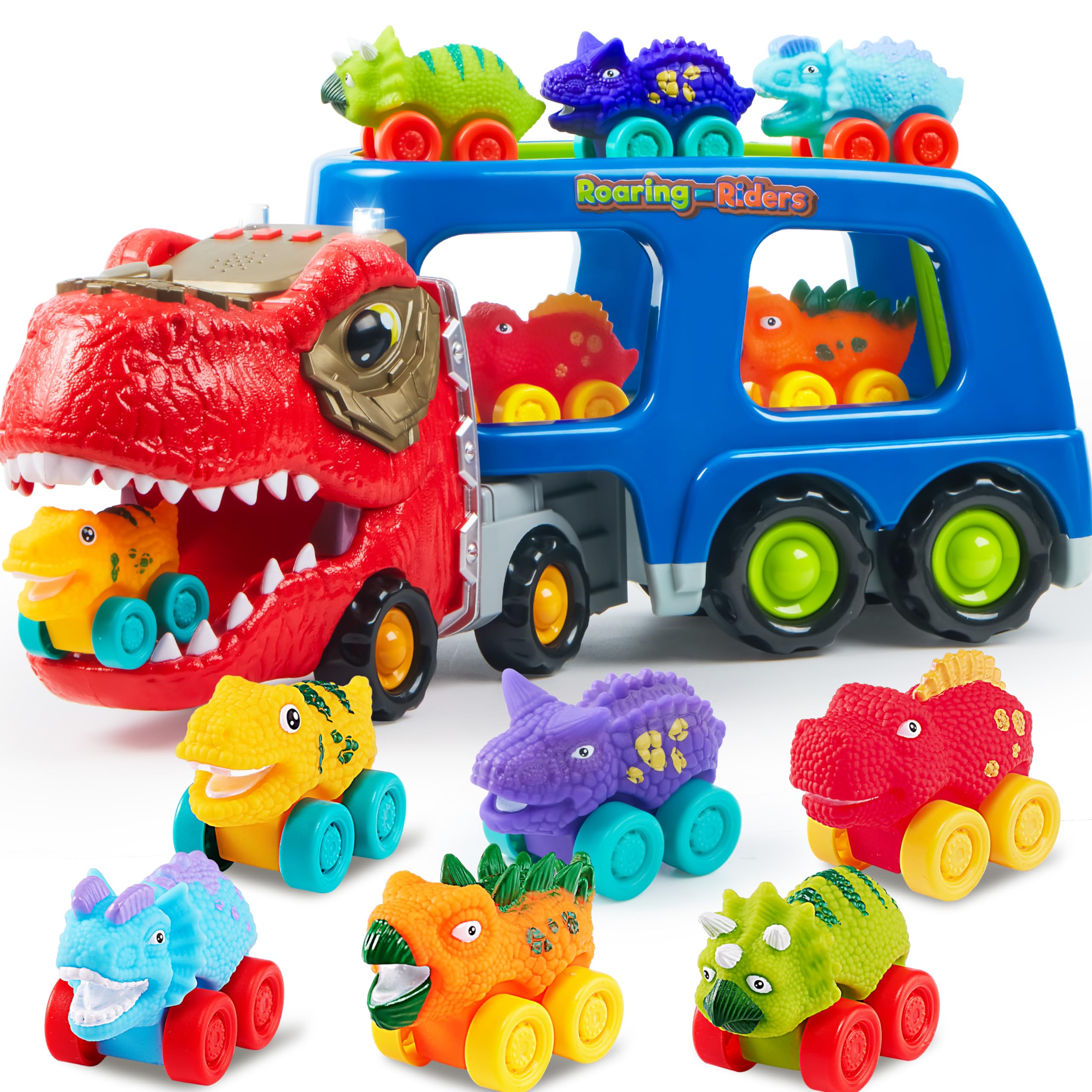 JOYIN Triceraptor Dinosaur Truck Toys for Boys Age 3-8,13 in 1 Dinosaur Toys 12 Pull Back Dinosaur Cars,1 Dinosaur Transport Truck with Music and Roaring Sound,Flashing Lights Gifts for Boys