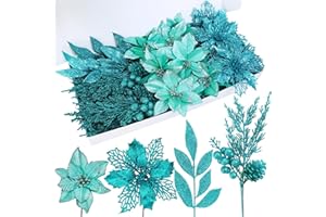 Winlyn 35 Pcs Christmas Artificial Poinsettia Flowers Picks and Artificial Leaves Sprays Teal Glitter Christmas Floral Picks for Teal Christmas Tree Holiday Decorations Centerpiece Wreath DIY Crafts