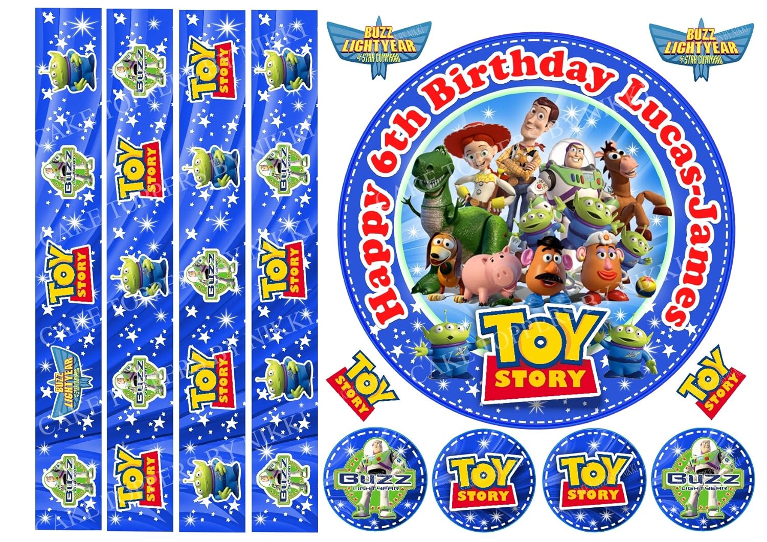 EDIBLE TOY STORY 6" ICING PERSONALISED CAKE TOPPER EDIBLE RIBBON