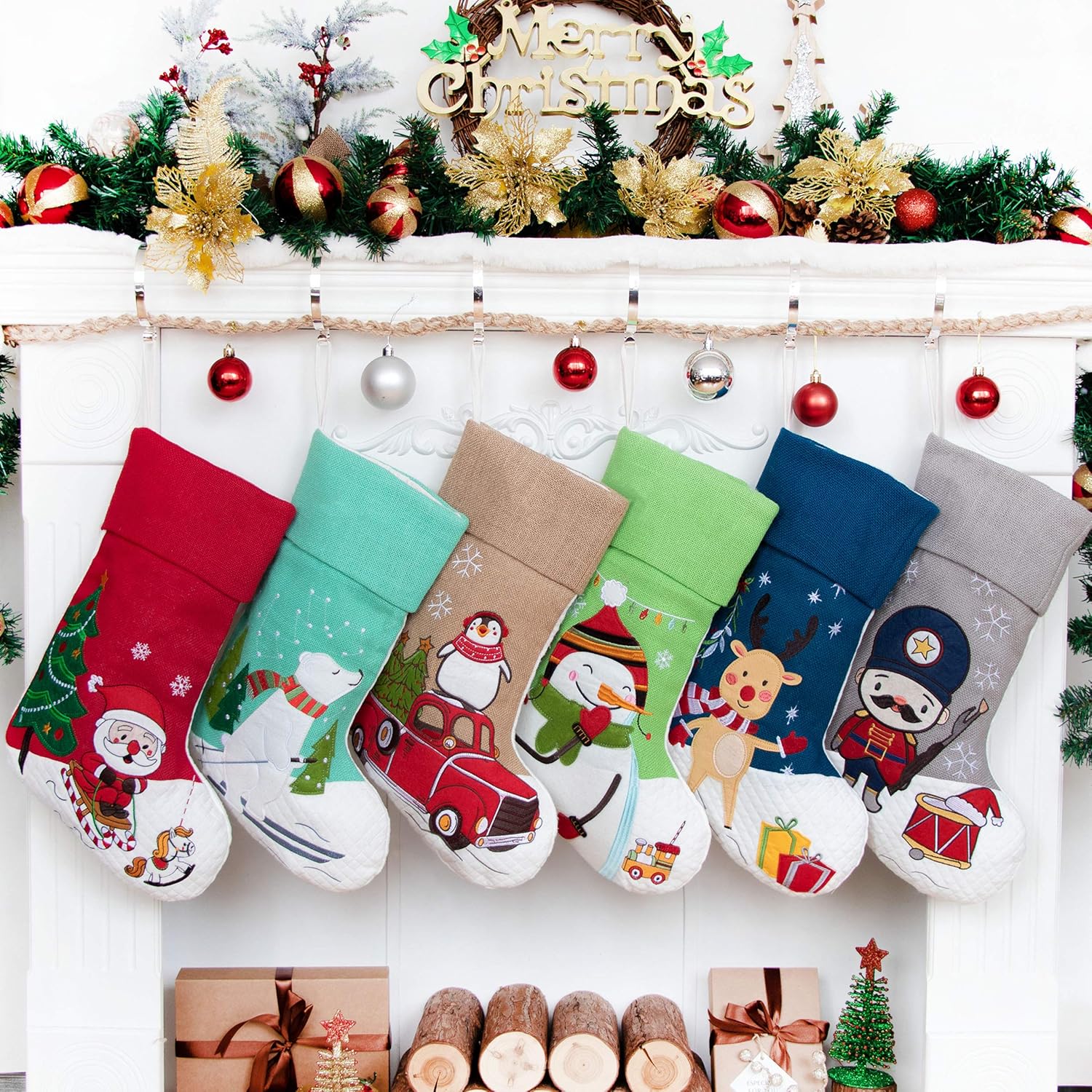 Stockings & Holders - LUBOT Set of 6 Christmas Stockings(20inch) Embroidered Linen Burlap Applique Fireplace Hanging Christmas Stocking Ornament for Family Decorations Holiday Xmas Gift
