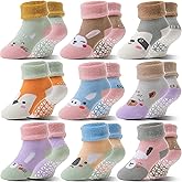 Toddlers Kids Grips Socks Warm Thermal Winter Thick Anti Slip Non Skid Ankle Crew Socks 9 Pairs for Baby Boys Girls Infants
