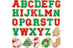 Yilloog 50 Pcs Red Green Christmas Self Adhesive Chenille Letters Patches Christmas Tree Santa Candy Patch Preppy Sticker Chenille Letter Patches Sew on for Jackets Jeans