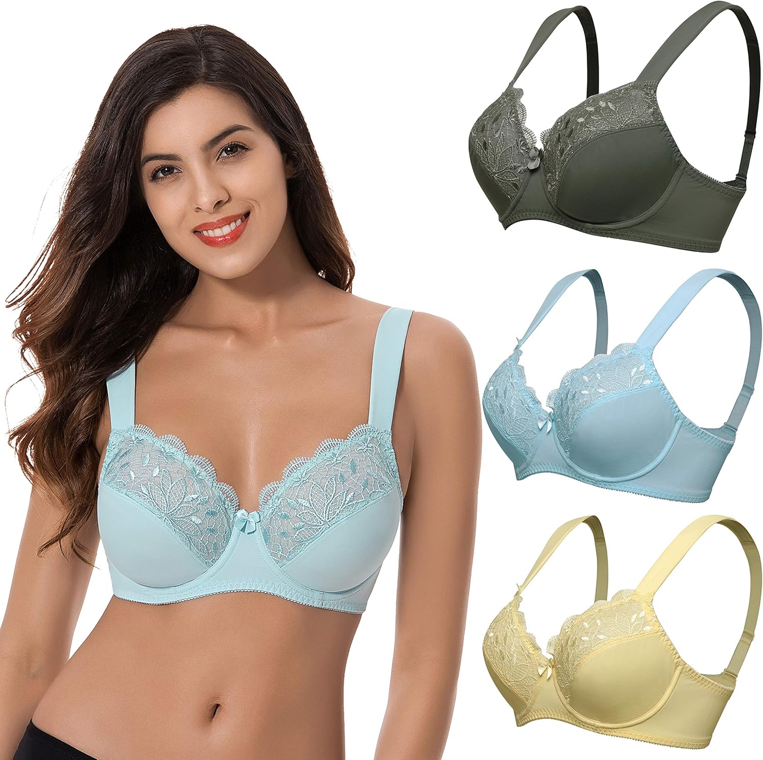 Curve Muse Plus Size Unlined Minimizer Underwire Bra with Embroidery Lace-3 Pack at  Women’s Clothing store