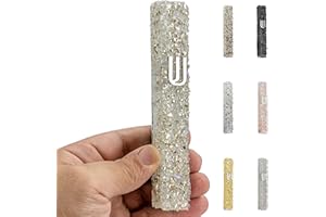 HolYudaica Handmade Glass Mezuzah Case with Colorful Glass Coating Comes in a Gift Box - for 5" Mezuzah Scroll (Scroll not Included) Peel and Stick, Weather Proof Cover (Silver & White)