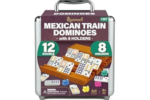 Queensell Mexican Train Dominoes Set with 8 Holders - Wooden Hub and Tiles Holders - Double 12 Tiles with Dots (D12 + 8 Holders)