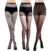 Geyoga 3 Pcs Heart Fishnet Tights Stretch Polka Dot Tights High Waist Valentines Heart Pantyhose Patterned Stockings