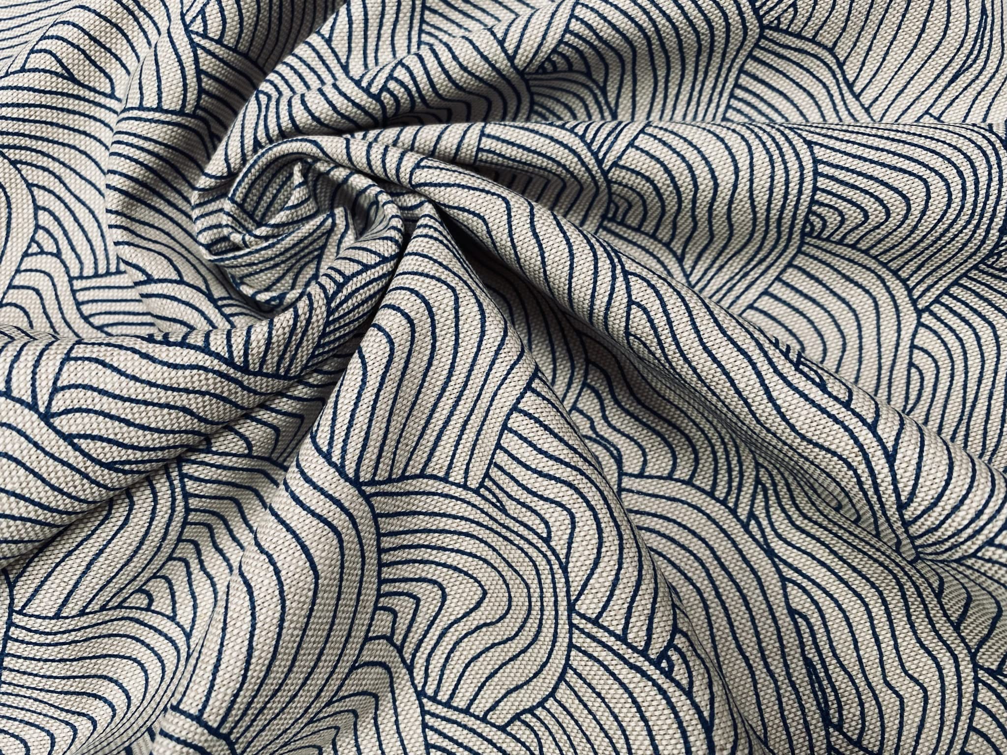 Blue Wave Geometric Waves Linen Look Fabric Material for Dress, Curtain, Home Decor, Curtain, Upholstery - 140cm Wide Canvas (1)