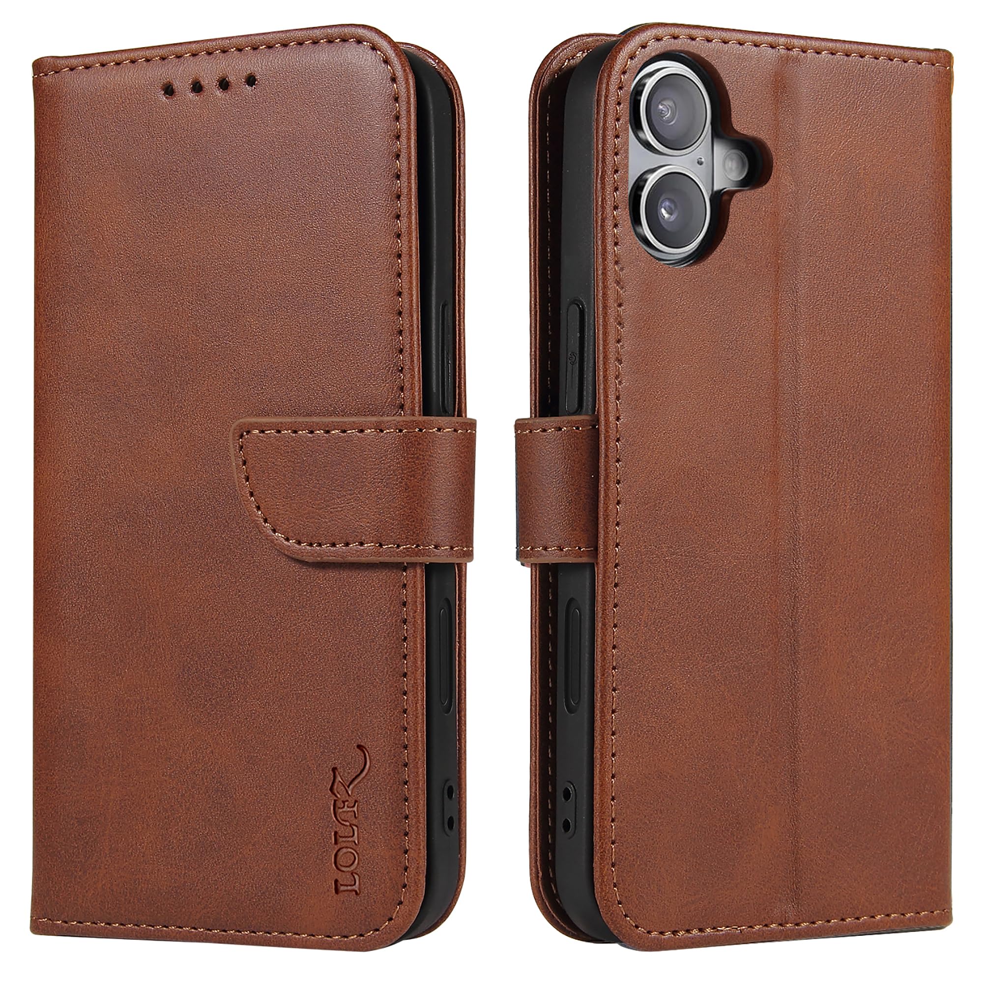 LOLFZ Wallet Case for iPhone 16, Vintage Leather Book Case with Card Holder Kickstand Magnetic Closure Flip Phone Cover for iPhone 16 - Coffee Brown