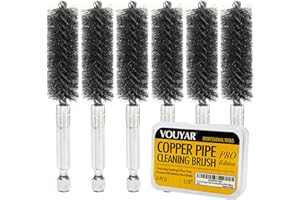 VOUYAR Quadruple Wire Twist Professional ID Copper Tube Pipe Cleaner for Fittings 6pcs, 1/2” Pipe Cleaning Brush Set, Stainless Steel Wire Bore Brushes for Power Drill, 1/4 Inch Hex Shank