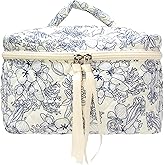 PAZIMIIK Quilted Makeup Bag Large Travel Zipper Soft Cosmetic Case for Women Girls Make Up,Flower White