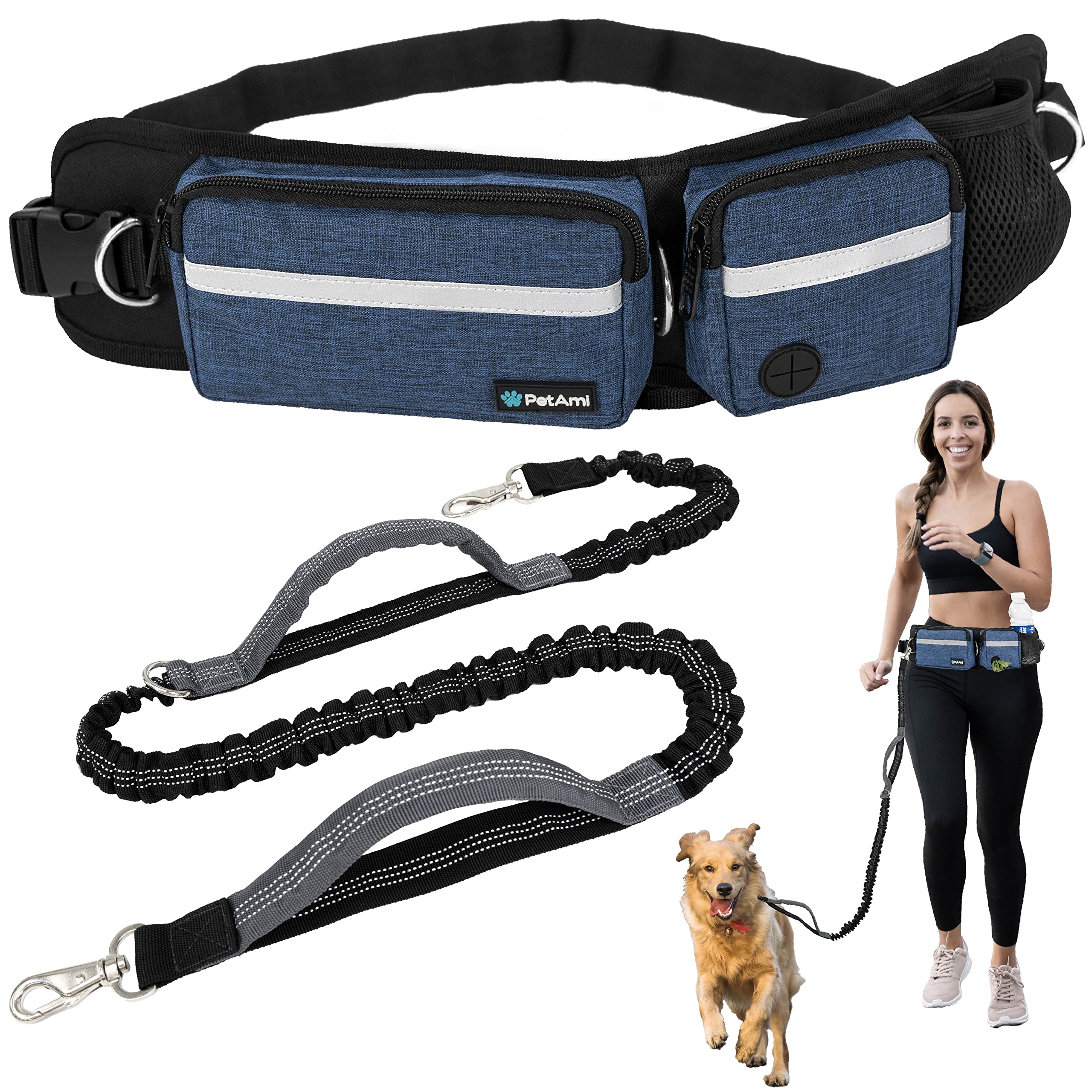 Photo 1 of PetAmi Hands Free Dog Leash, Dog Running Leash Belt Bag for Walking, Jogging, Dog Waist Double Zipper Pouch with Poop Bag Dispenser, Dual Padded Handles Reflective Bungee Leash, Single, Navy, 1 Leash