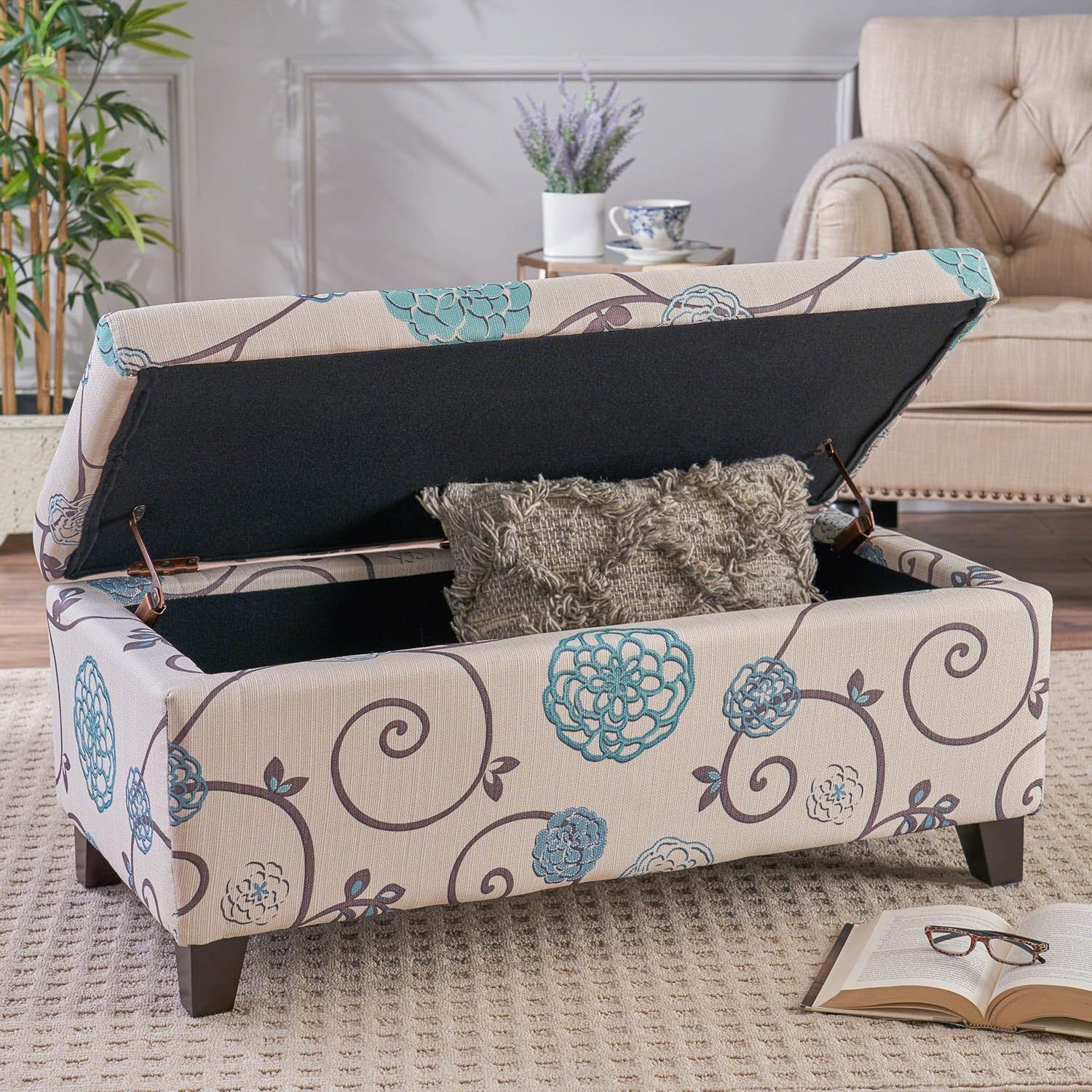 Christopher Knight Home Breanna Fabric Storage Ottoman, White And Blue Floral: Kitchen & Dining