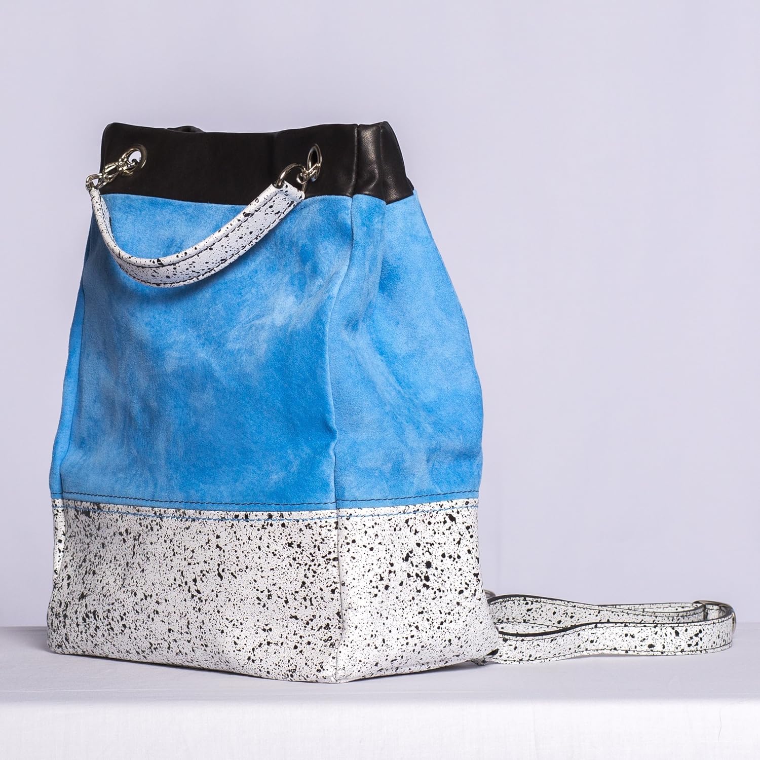 blue leather bucket bag