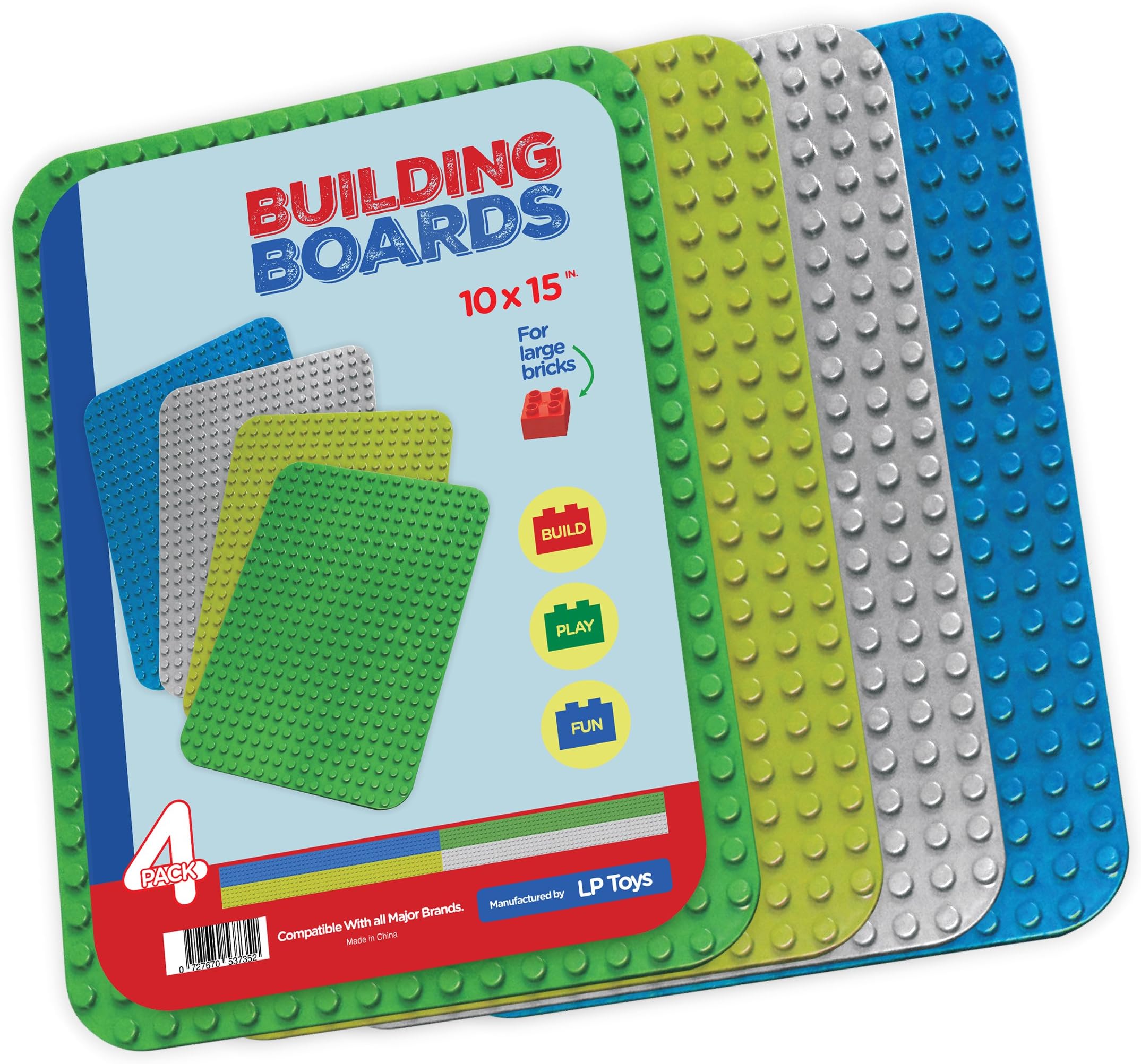Baseplates for Large Building Blocks 4 Pack Set 1 Green,1 Light Green,1 Grey,and 1 Blue Large [10" x 15"] Plastic Baseplate -Tight fit with Large Blocks, Compatible with All Major Brands