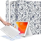 Wazzasoft for iPad 9th/8th/7th/Air 3rd Generation/Pro 10.5 Inch Case Keyboard Pencil Holder Folio Tablet Cover Women Girl Cute Girly Teen Kawaii Blue Floral Unique Design for Apple 10.2 & 10.5 Inch
