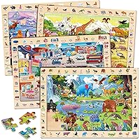 SYNARRY Wooden Puzzles for Kids Ages 3-5, 4 x 60 Piece Match & Find Puzzles for Kids 4-8 Years Old Boys Girls, Educational To
