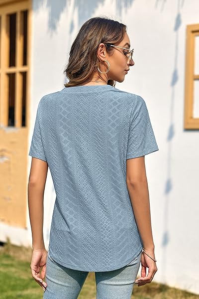 FMEYOA WOMEN’S SHORT SLEEVE TOPS SMUUER EYELET DRESSY CASUAL V NECK BLOUSES T SHIRTS(01-CORAL BLUE,SMALL)
