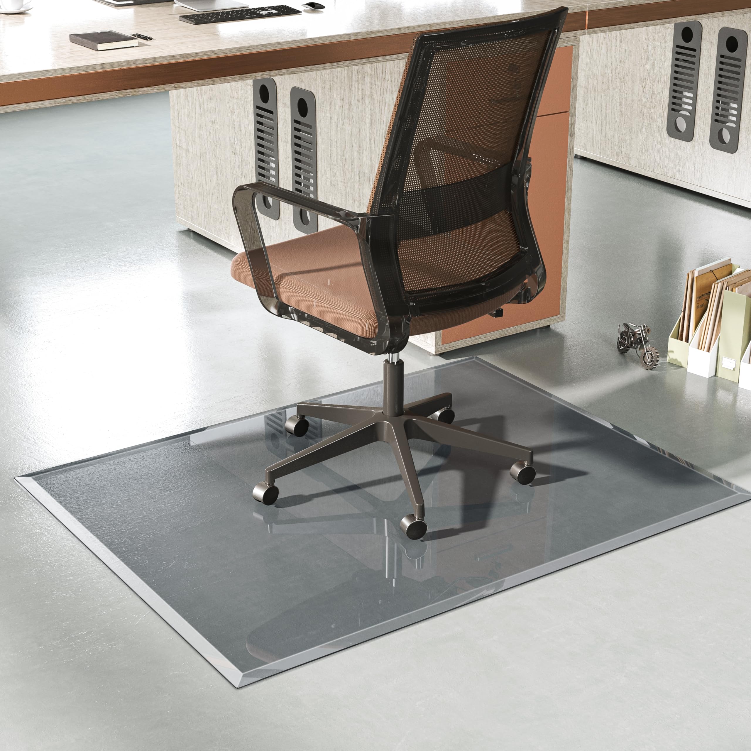 Photo 1 of [Tempered Glass] 48“x30” Beveled Edge Glass Chair Mat with Polished Edge Clear Office Chair Mat, Glides Smoothly, Suitable for Carpet or Hardwood Floors (Grey)
