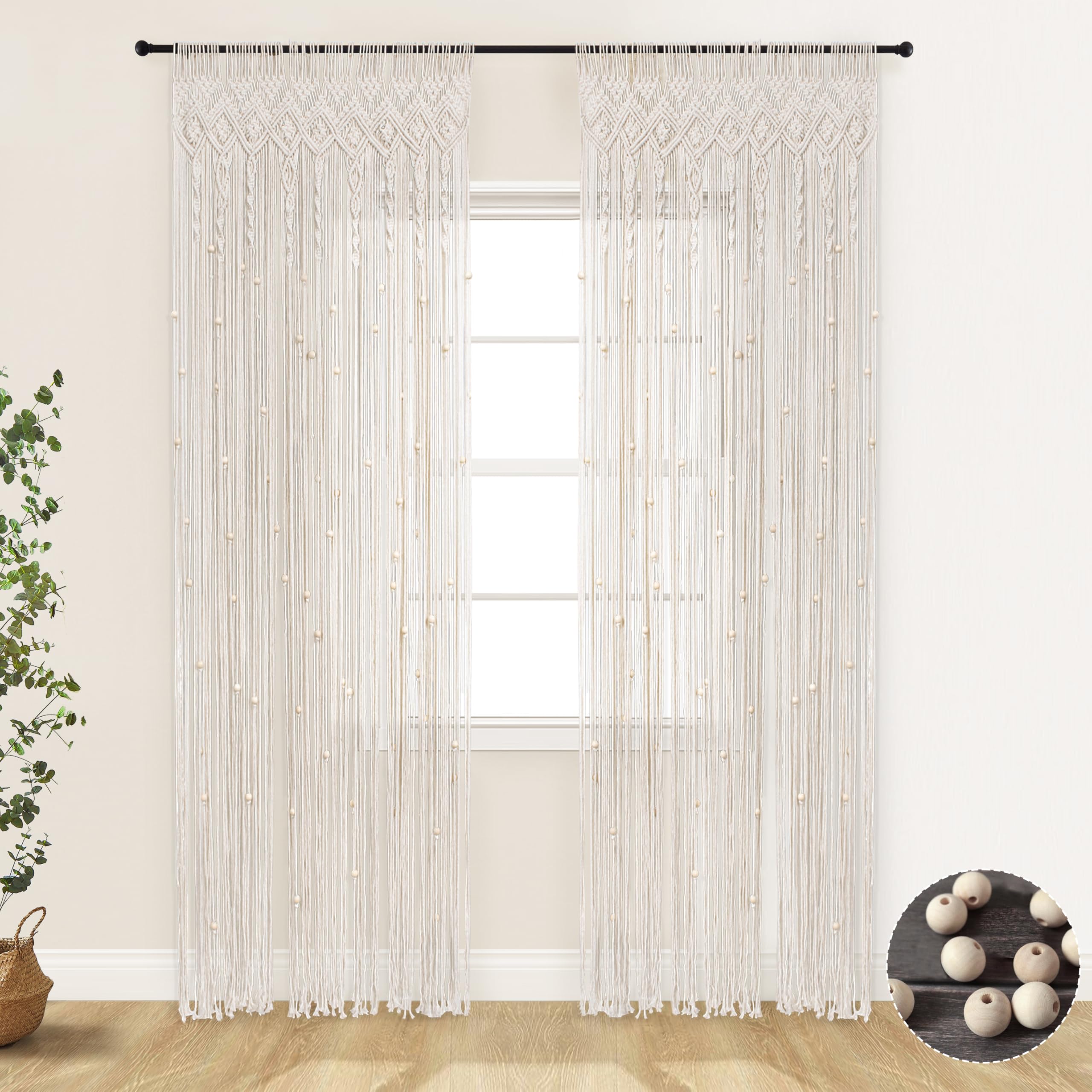 Photo 1 of Boho Macrame Curtains for Windows,Beaded Bohemian Curtains for Bedroom Living Room Decor,84 Inches Long,Cream White