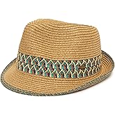 Funky Junque Women's Straw Fedora Sun Hat - UPF 50+ Protection, Short Brim, Stylish Woven Pattern