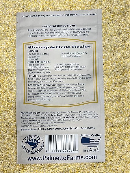 PALMETTO FARMS MIXED YELLOW AND WHITE STONE GROUND GRITS 2 LB – NON-GMO – JUST ALL NATURAL CORN, NO ADDITIVES – NATURALLY GLUTEN FREE, PRODUCED IN A WHEAT FREE FACILITY – GRINDING GRITS SINCE 1934