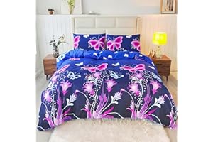 SDY 3PCS Butterfly Duvet Cover Set, Blue Butterfly Queen Bedding Set, Kawaii Reversible Queen Bed Set, Beautiful Flower Duvet Cover, Cute Bedding Set for Teen Girls and Boys, Kids, Children, Toddler