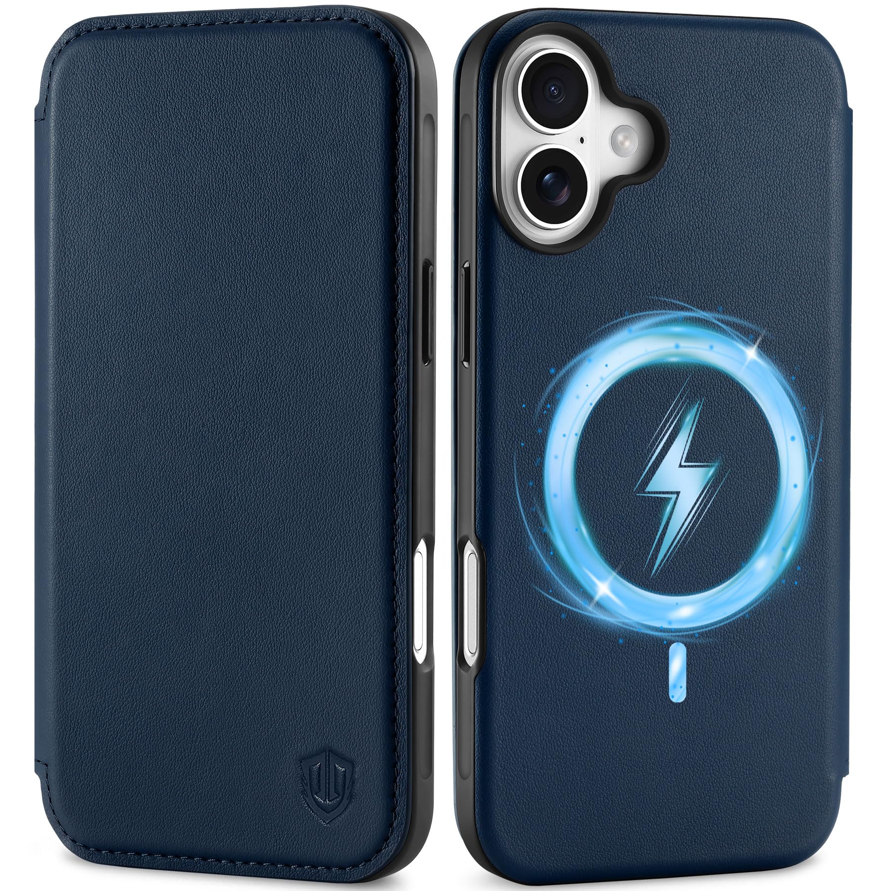 SHIELDON Case for iPhone 16 6.1", Genuine Leather Slim Wallet with Card Holder RFID Blocking Wireless Charging Cover Compatible with iPhone 16 - Dark Blue