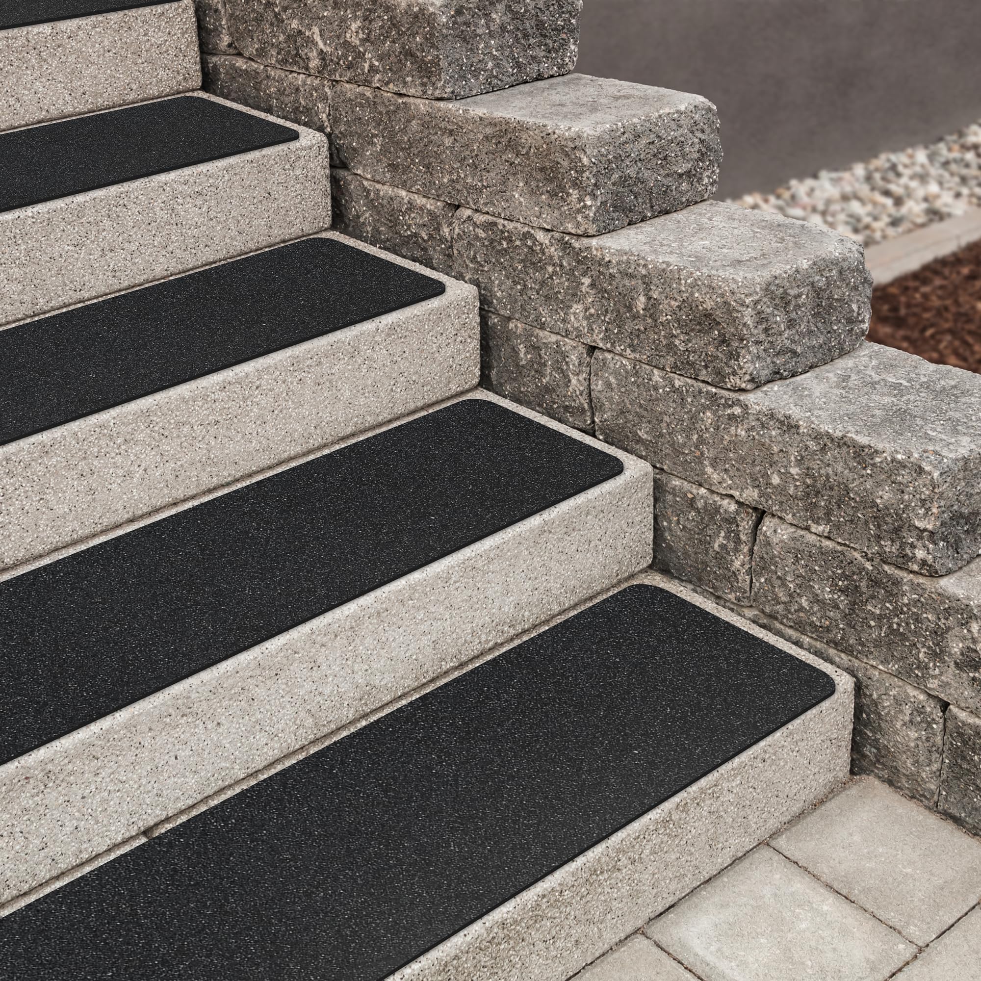 Photo 1 of MBIGM 12-Pack 6" X 30" Pre-Cut Stair Treads 80 Grit Non-Slip Outdoor Tape Black Heavy Duty Anti-Slip Traction Adhesive Strips for Staircase Outdoor Deck Stair Treads - Outdoor Anti Slip Stair Treads