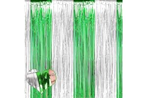 4 Pack 3.2Ft x 9.8Ft Silver Green Fringe Curtain Backdrop, Metallic Tinsel Foil Fringe Streamers Curtains Background for Phot