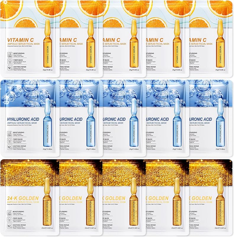 Masque Visage Anti Ride,15PC Masques Acide Hyaluronique+Vitamine C +Or 24K pour le Visage, Masque Hydratant Visage,Anti-âge,Coffret Cadeau Masque Tissu Visage Femme et Homme